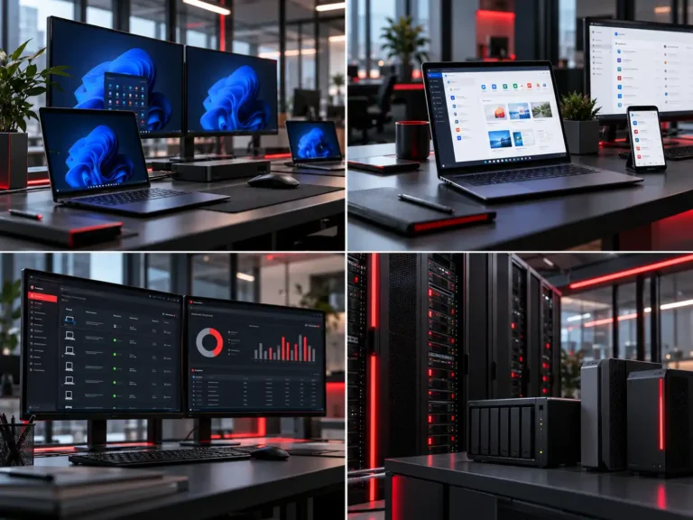 Microsoft lisanslama ve kurumsal yazılım yönetimi çözümlerini temsil eden modern teknoloji kolajı